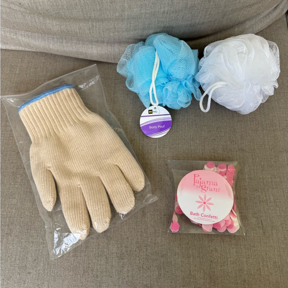Beige Exfoliating Glove, Blue and White Bath Poufs & Bath Confetti